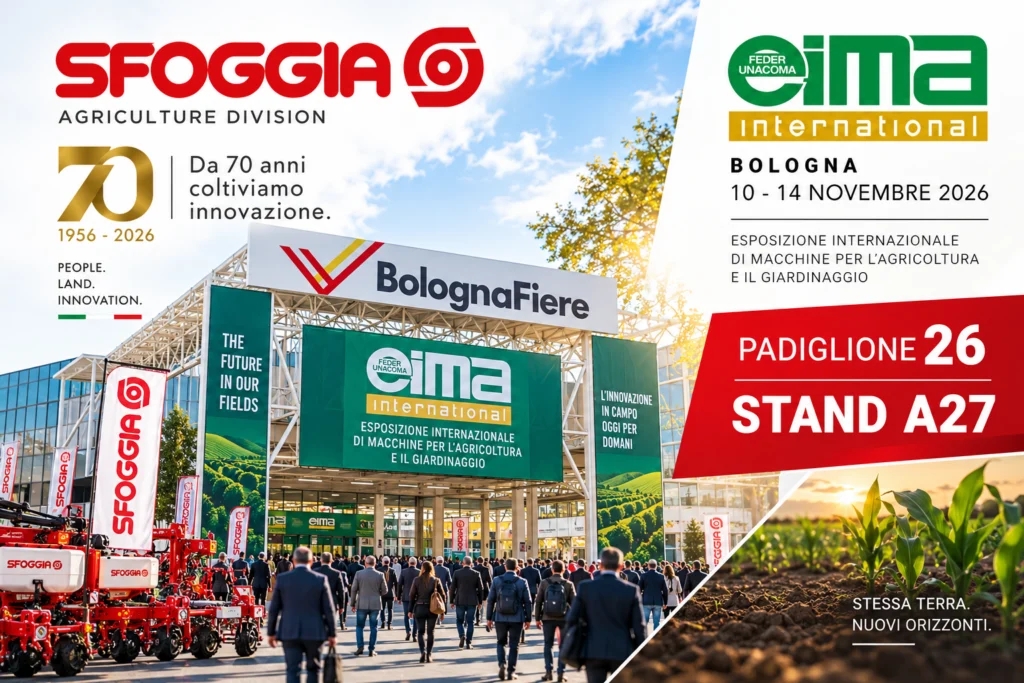 Sfoggia Agriculture Division a EIMA International 2026 Bologna, immagine promozionale della partecipazione alla fiera delle macchine agricole.