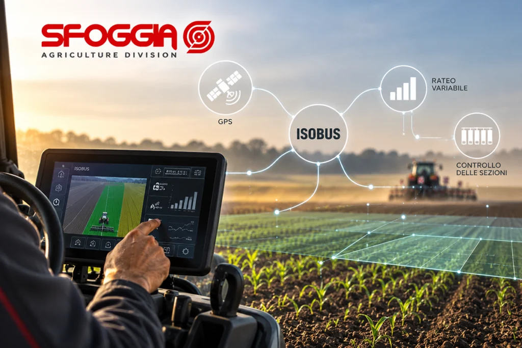 Rappresentazione della tecnologia ISOBUS nell'agricoltura di precisione Sfoggia, con GPS, controllo delle sezioni e gestione digitale della semina.